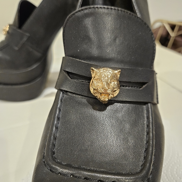 Black Platform Loafers with Gold Accent - Picture 4 of 6